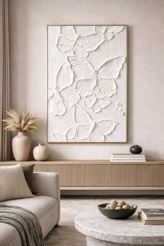 Large White Butterfly Wall Art Canvas – Textured 3D Modern Abstract Artwork for Living Room, Luxury Home Decor