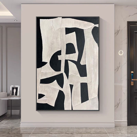 Architectural Beige & Black Abstract Canvas – Hand-Finished Statement Art
