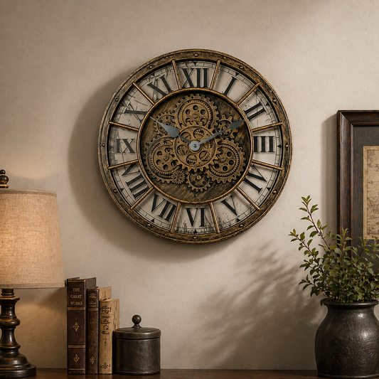 Vintage Gear Wall Clock – Large Steampunk Roman Numeral Clock | Industrial Rustic Decor