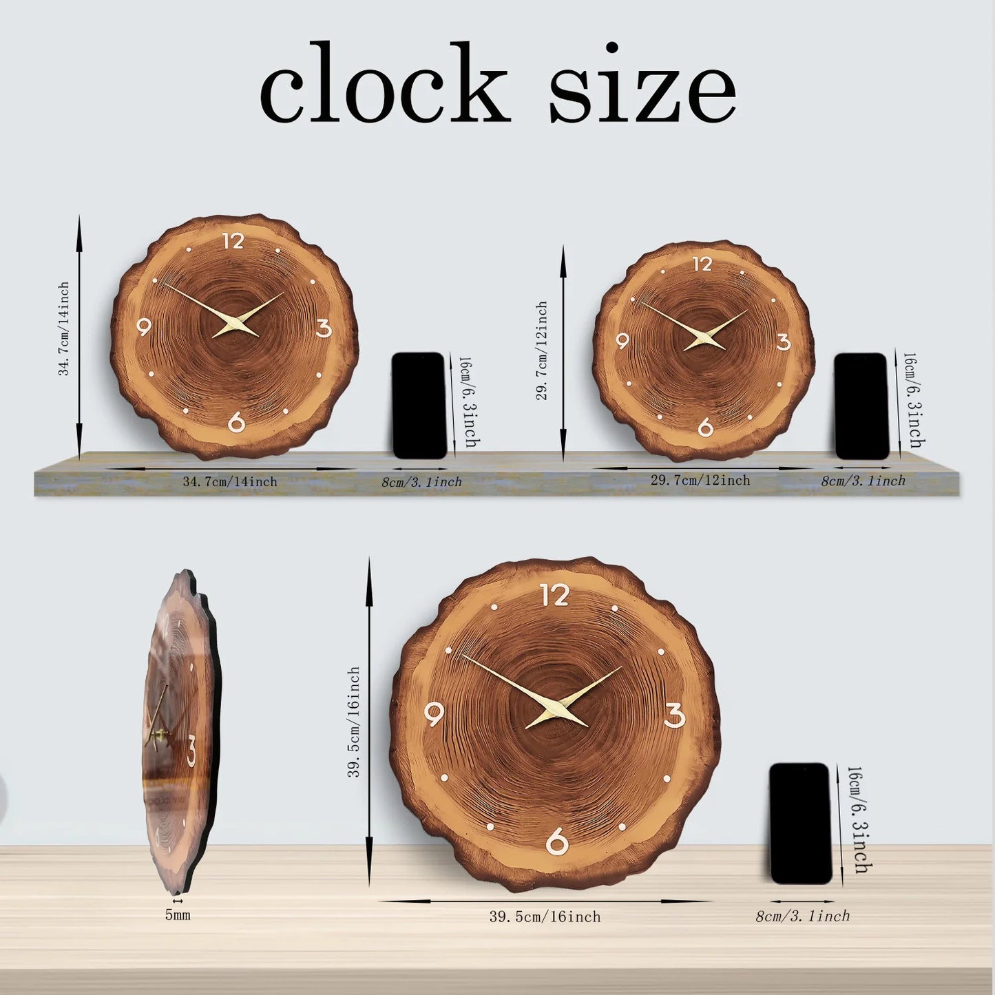 Modern Wood Effect Wall Clock – Glossy Tree Ring Design | Minimal Silent Decor