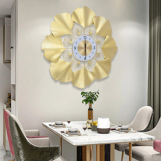 Luxury Ginkgo Leaf Wall Clock – Modern Gold Nordic Metal Clock | Elegant Living Room Decor