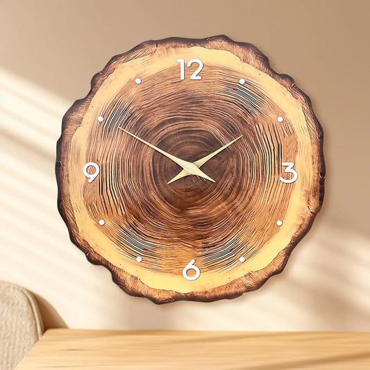 Modern Wood Effect Wall Clock – Glossy Tree Ring Design | Minimal Silent Decor