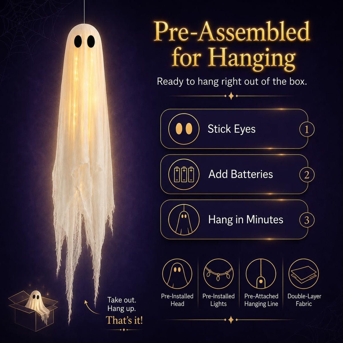 Hanging Ghost Halloween Decoration – Pre-Assembled Outdoor Spooky Decor