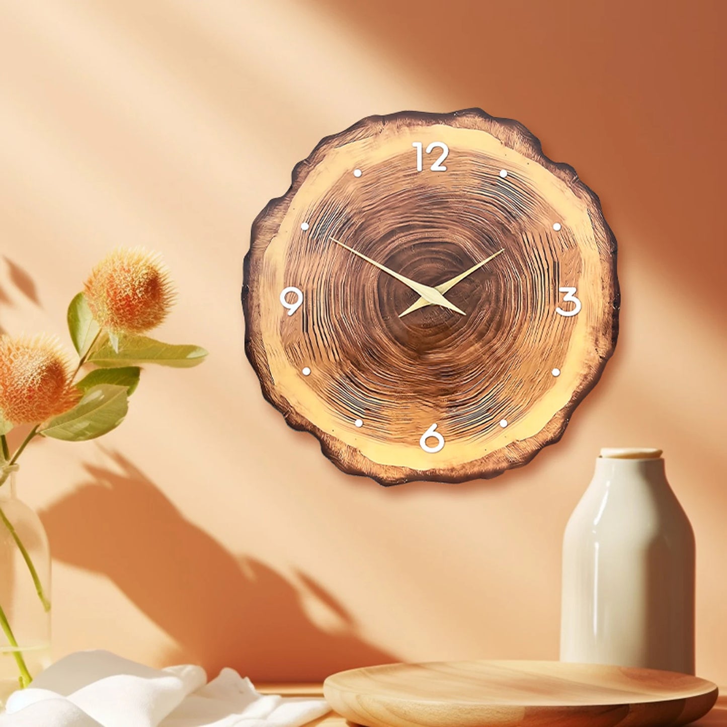 Modern Wood Effect Wall Clock – Glossy Tree Ring Design | Minimal Silent Decor