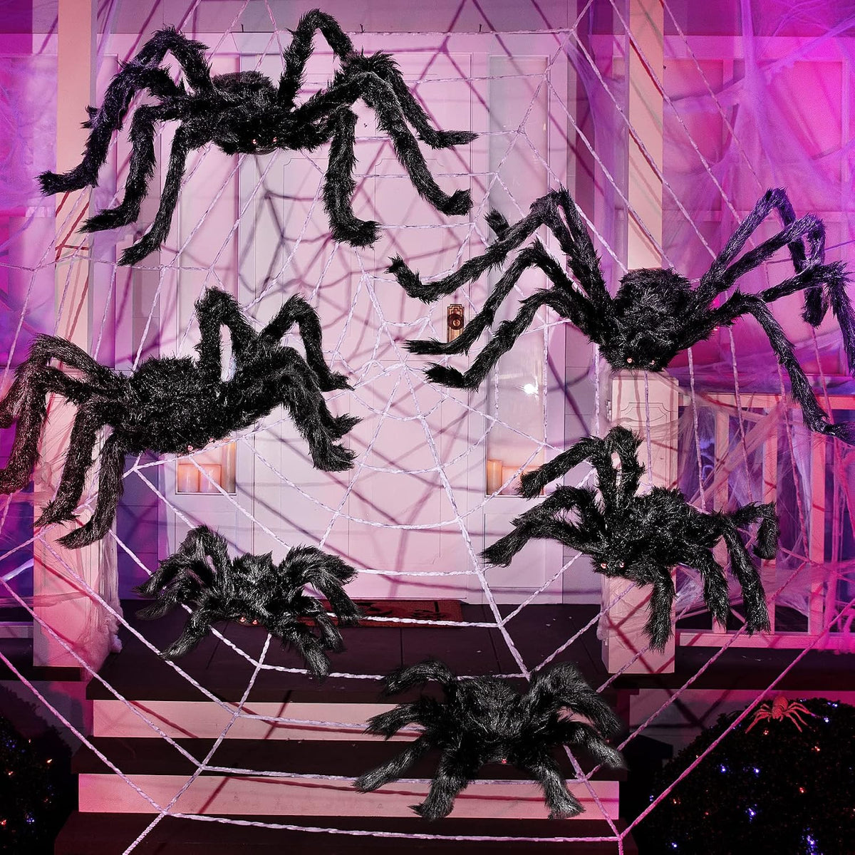 6-Pack Halloween Giant Spider Decorations – Large Black Hairy Spiders for Outdoor Yard & Lawn