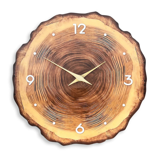 Modern Wood Effect Wall Clock – Glossy Tree Ring Design | Minimal Silent Decor
