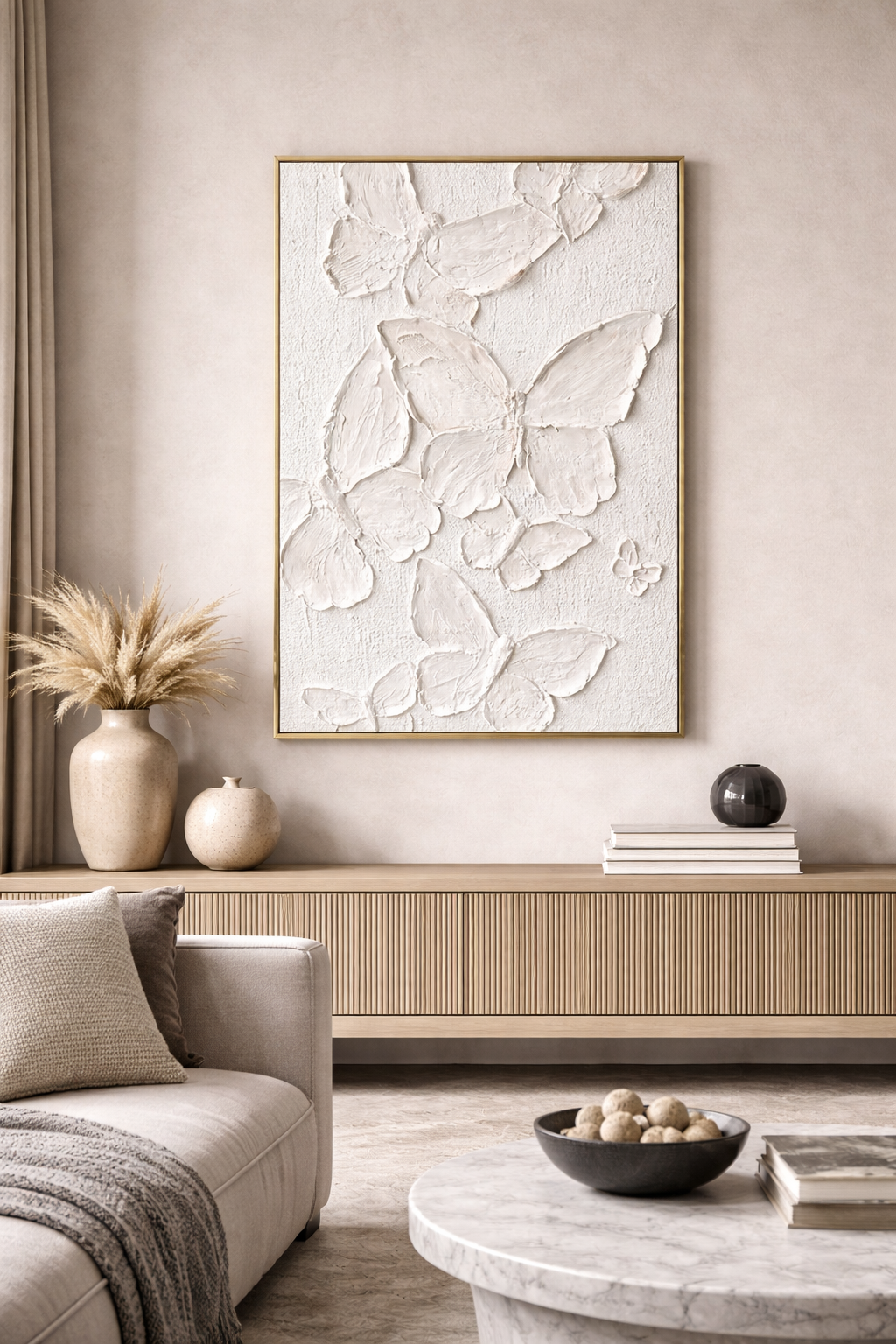 Large White Butterfly Wall Art Canvas – Textured 3D Modern Abstract Artwork for Living Room, Luxury Home Decor