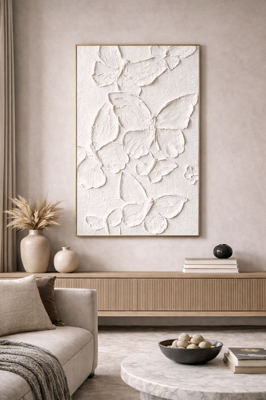 Large White Butterfly Wall Art Canvas – Textured 3D Modern Abstract Artwork for Living Room, Luxury Home Decor