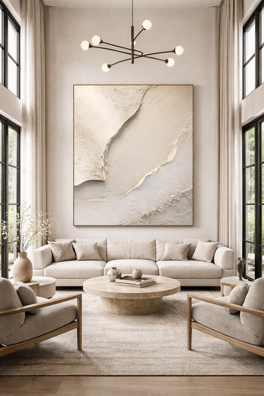 Oversized Beige Abstract Wall Art – Textured Canvas with Gold Detail | Modern Living Room Decor