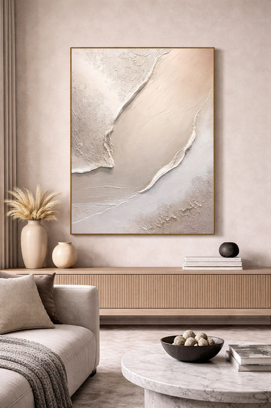 Oversized Beige Abstract Wall Art – Textured Canvas with Gold Detail | Modern Living Room Decor