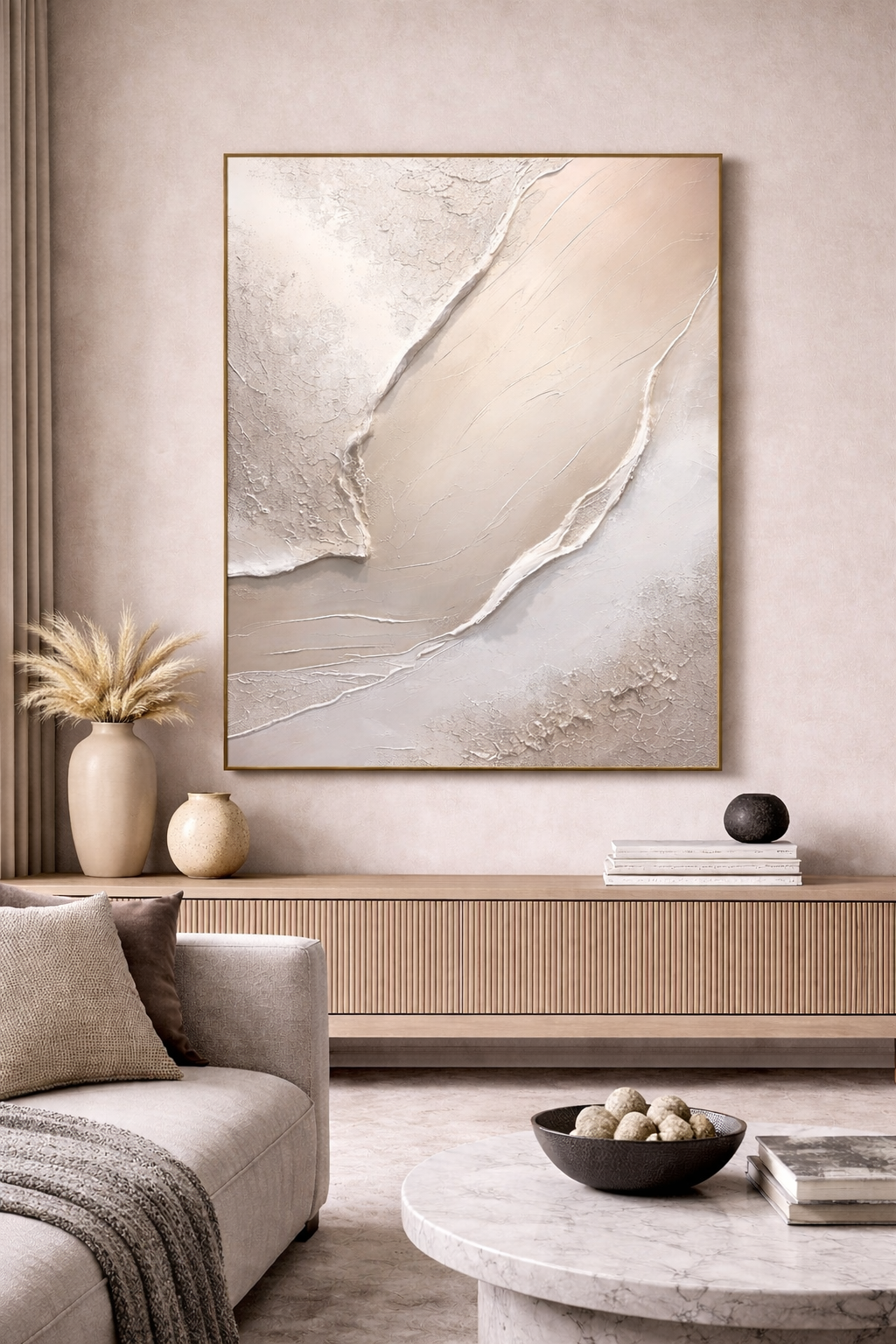 Oversized Beige Abstract Wall Art – Textured Canvas with Gold Detail | Modern Living Room Decor