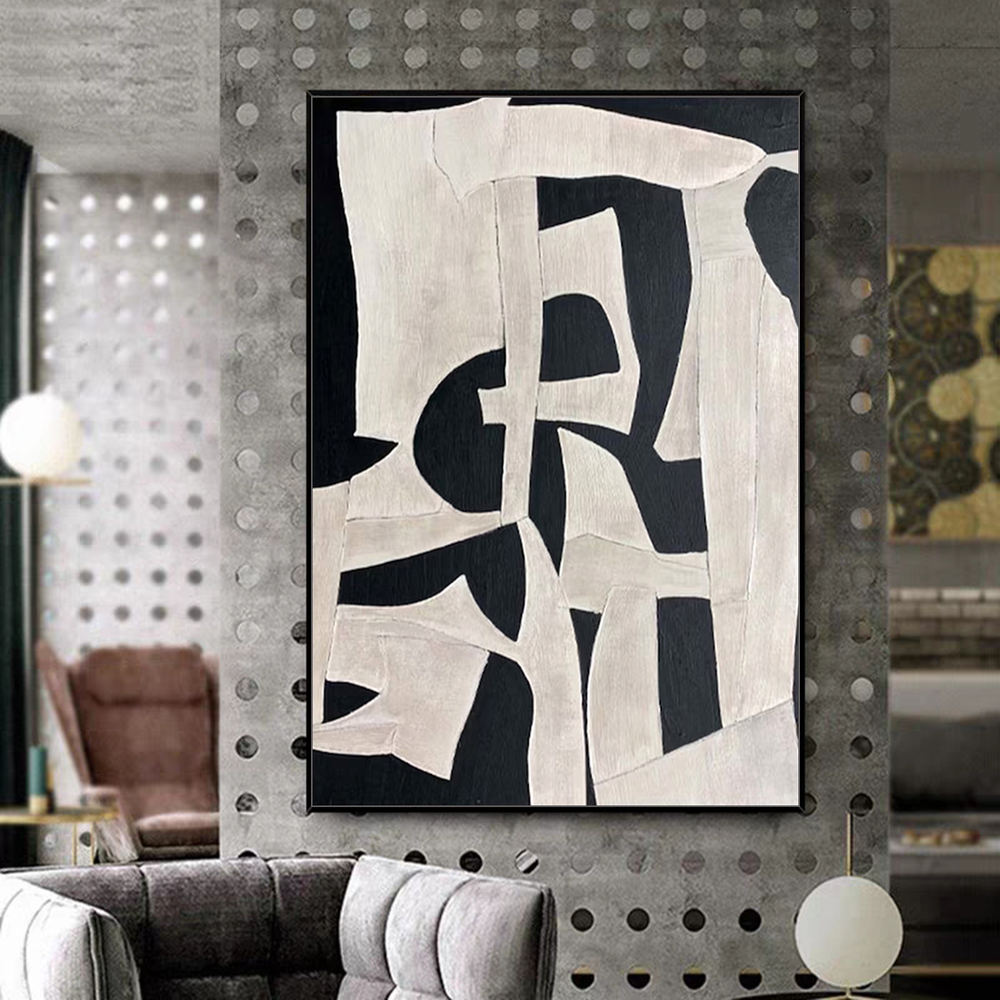 Architectural Beige & Black Abstract Canvas – Hand-Finished Statement Art