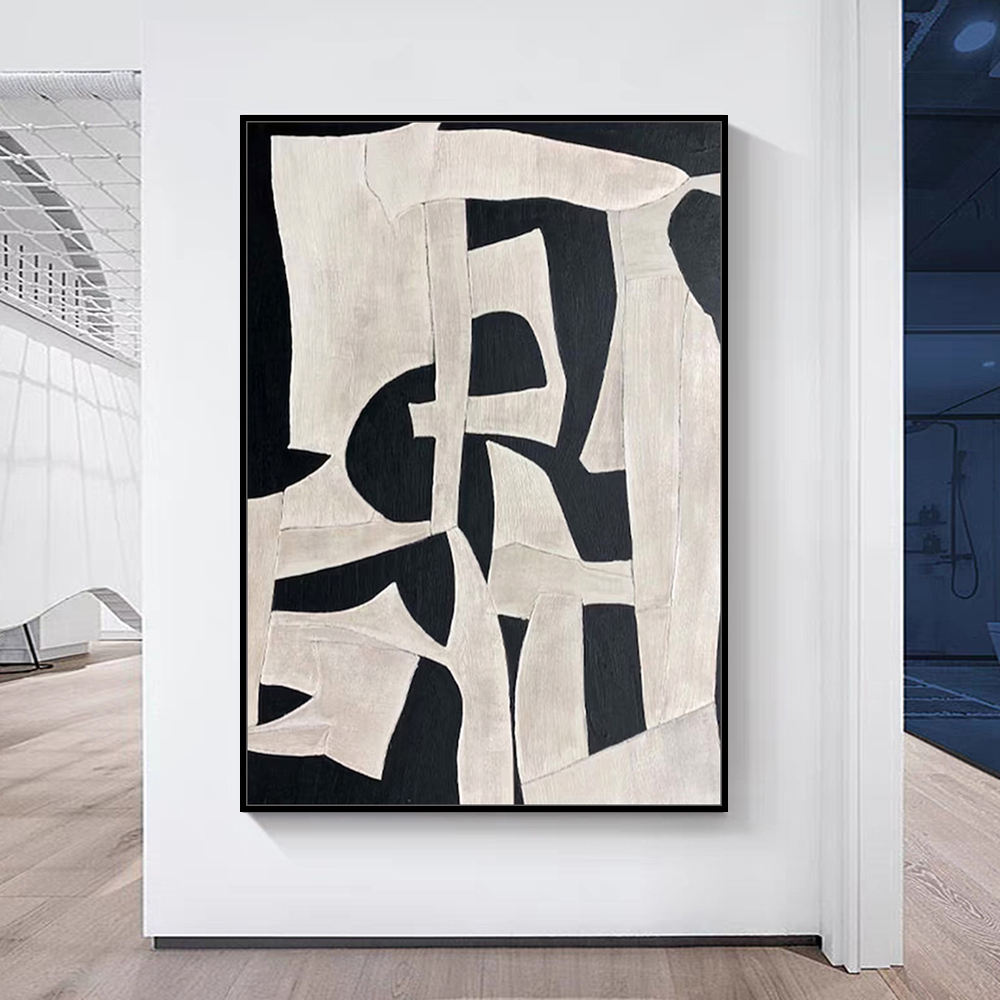 Architectural Beige & Black Abstract Canvas – Hand-Finished Statement Art