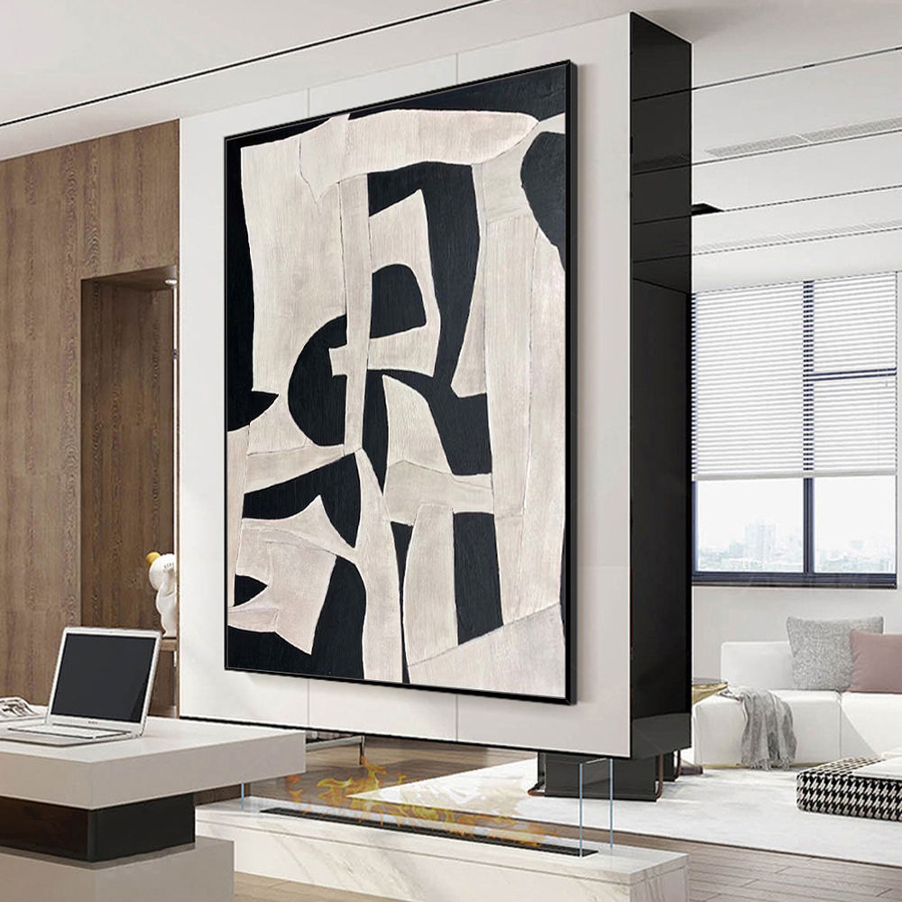 Architectural Beige & Black Abstract Canvas – Hand-Finished Statement Art