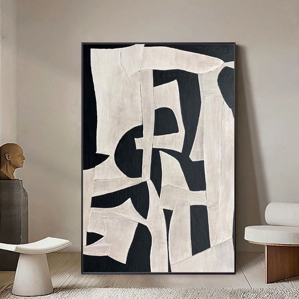 Architectural Beige & Black Abstract Canvas – Hand-Finished Statement Art