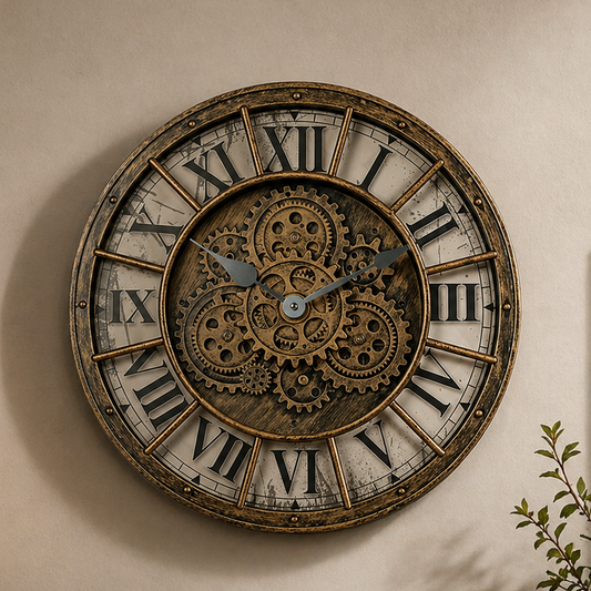 Vintage Gear Wall Clock – Large Steampunk Roman Numeral Clock | Industrial Rustic Decor