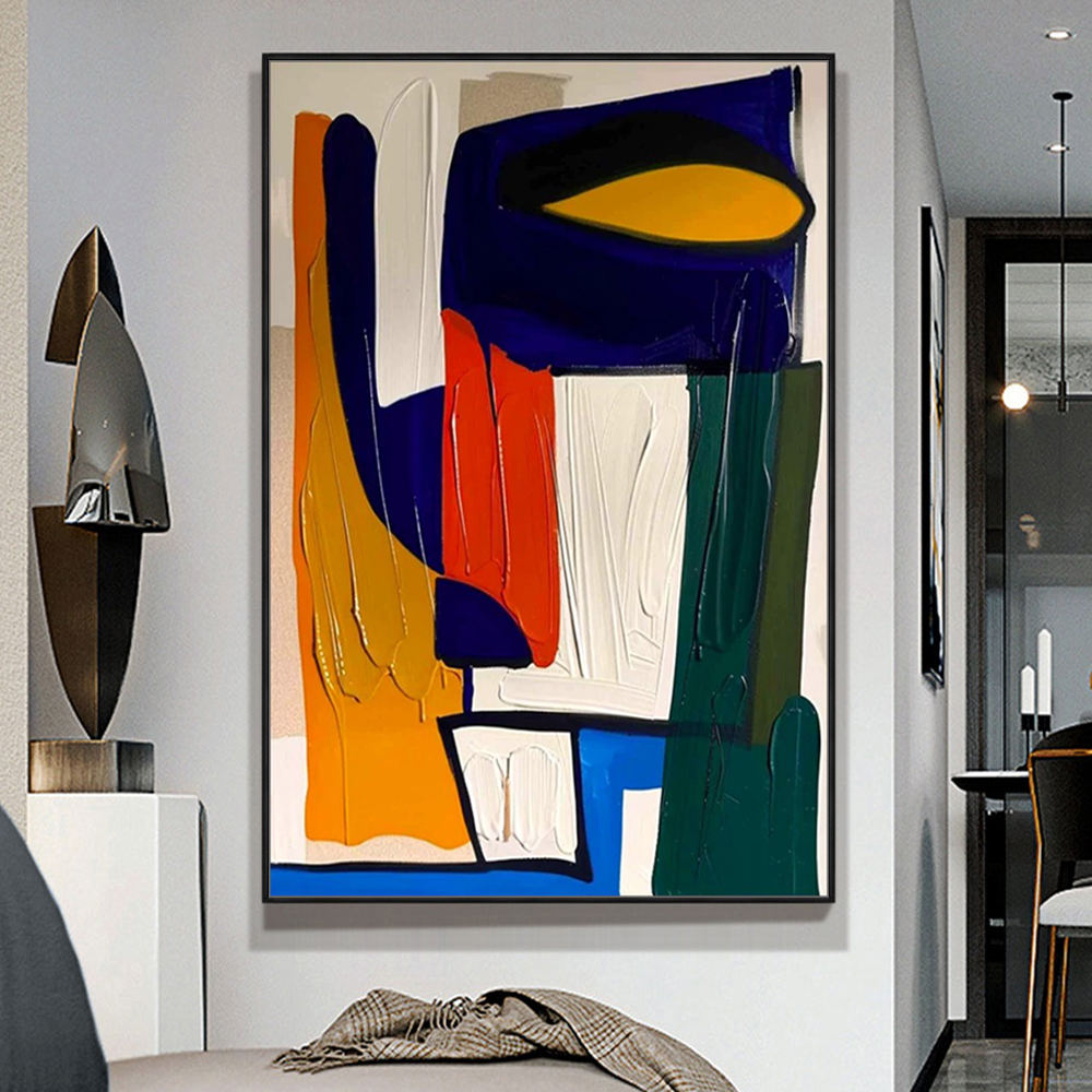 Modern Color Block Textured Wall Art – Hand-Finished Abstract Canvas for Living Room Decor