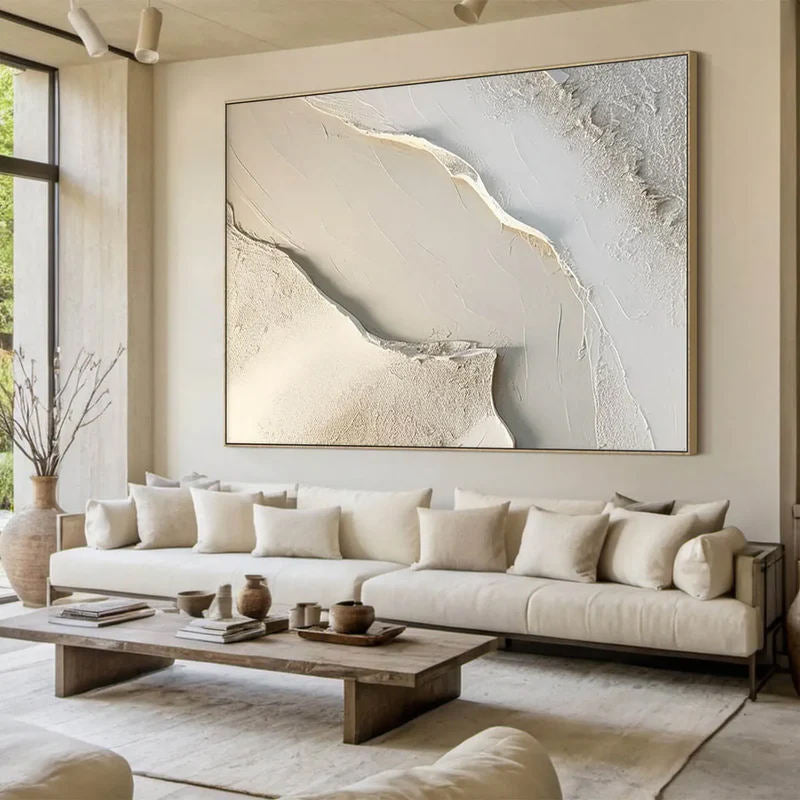 Oversized Beige Abstract Wall Art – Textured Canvas with Gold Detail | Modern Living Room Decor