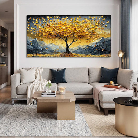 Golden Tree of Life Wall Art – Large Textured Landscape Canvas Decor