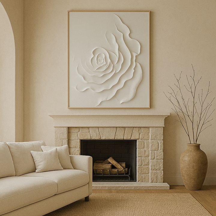 Luxury Neutral Rose Wall Art – Large Textured Floral Canvas, Handcrafted Modern Living Room & Bedroom Decor