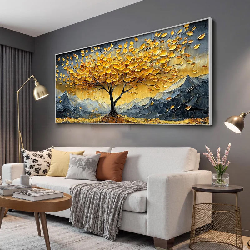 Golden Tree of Life Wall Art – Large Textured Landscape Canvas Decor