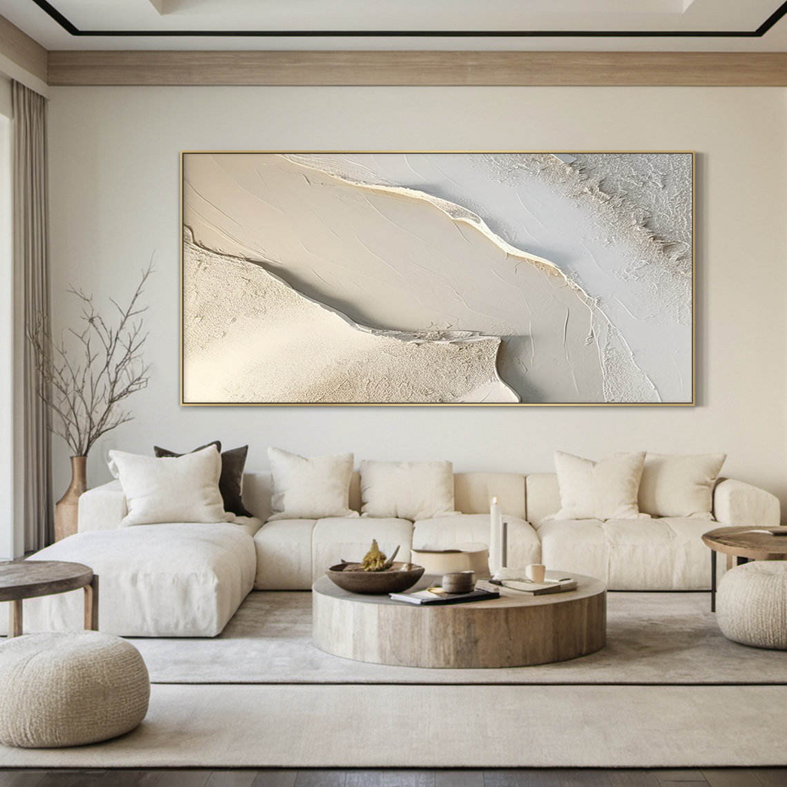 Oversized Beige Abstract Wall Art – Textured Canvas with Gold Detail | Modern Living Room Decor