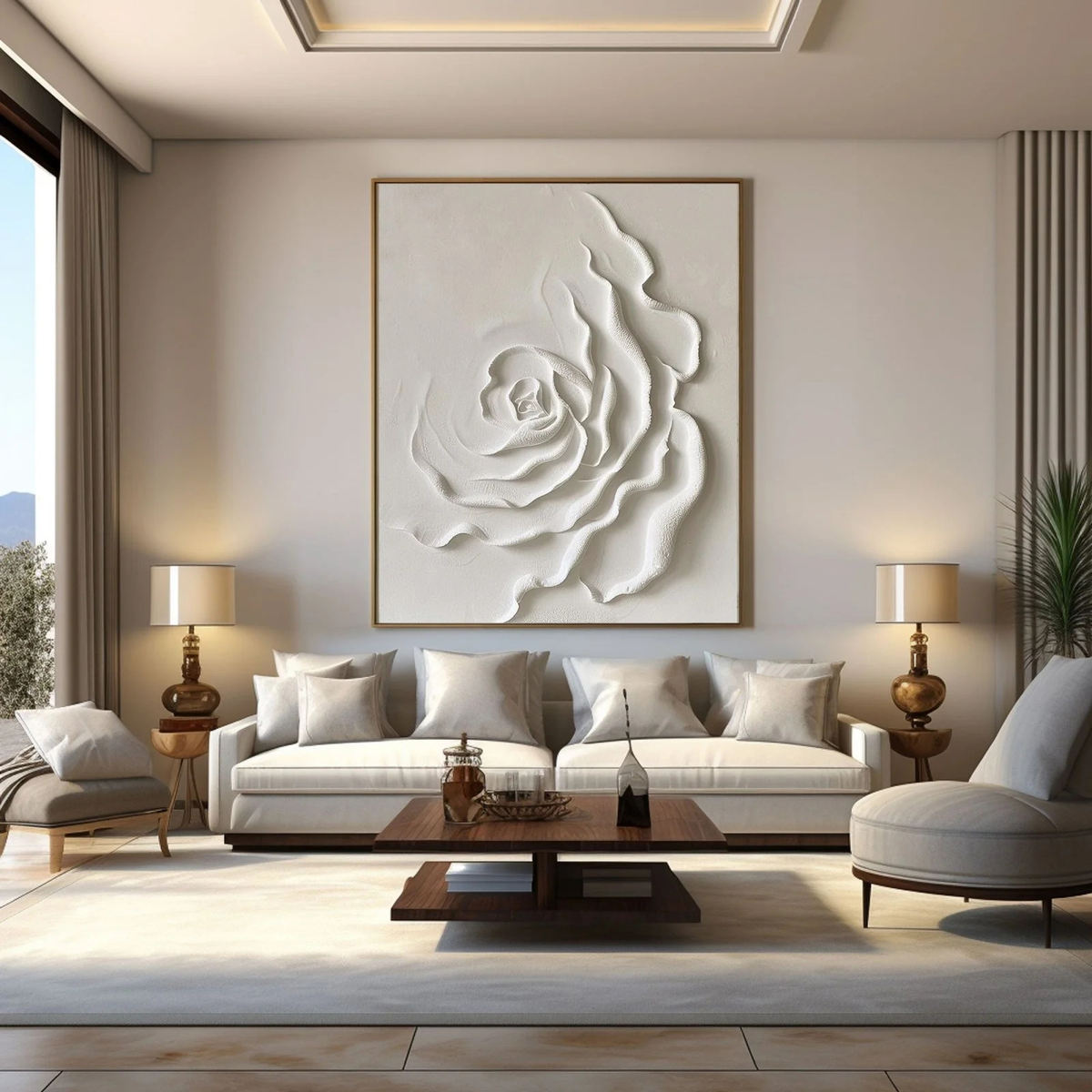 Luxury Neutral Rose Wall Art – Large Textured Floral Canvas, Handcrafted Modern Living Room & Bedroom Decor