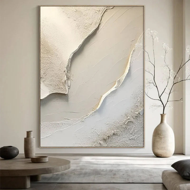 Oversized Beige Abstract Wall Art – Textured Canvas with Gold Detail | Modern Living Room Decor
