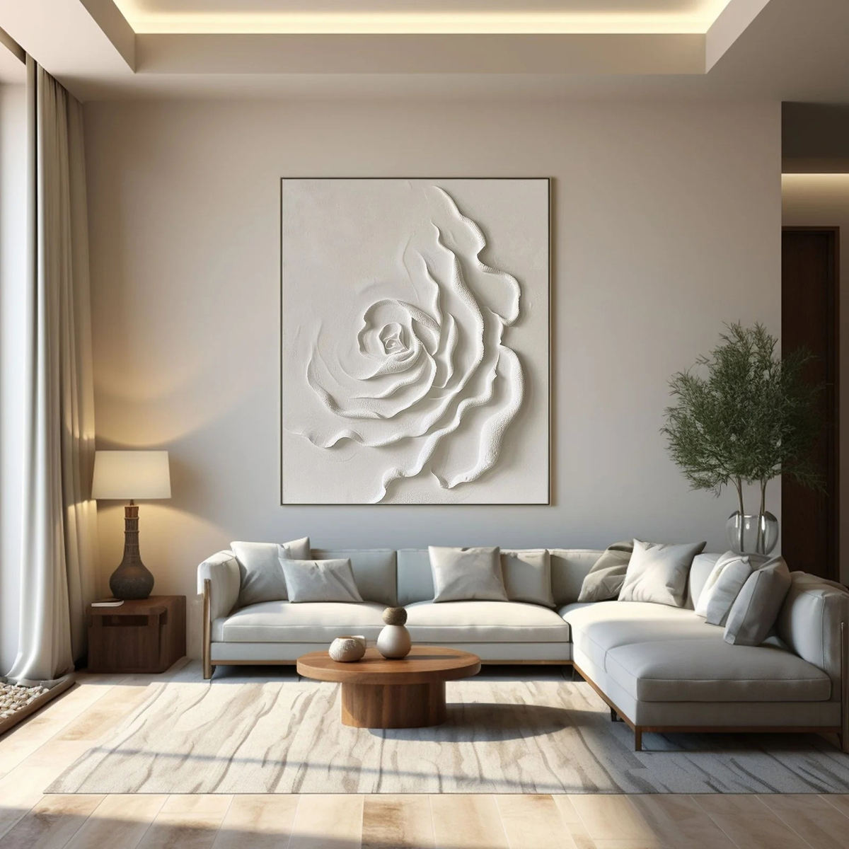 Luxury Neutral Rose Wall Art – Large Textured Floral Canvas, Handcrafted Modern Living Room & Bedroom Decor