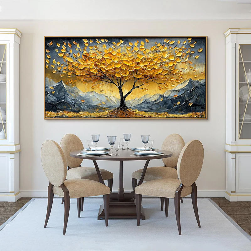 Golden Tree of Life Wall Art – Large Textured Landscape Canvas Decor
