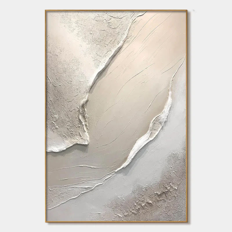 Oversized Beige Abstract Wall Art – Textured Canvas with Gold Detail | Modern Living Room Decor