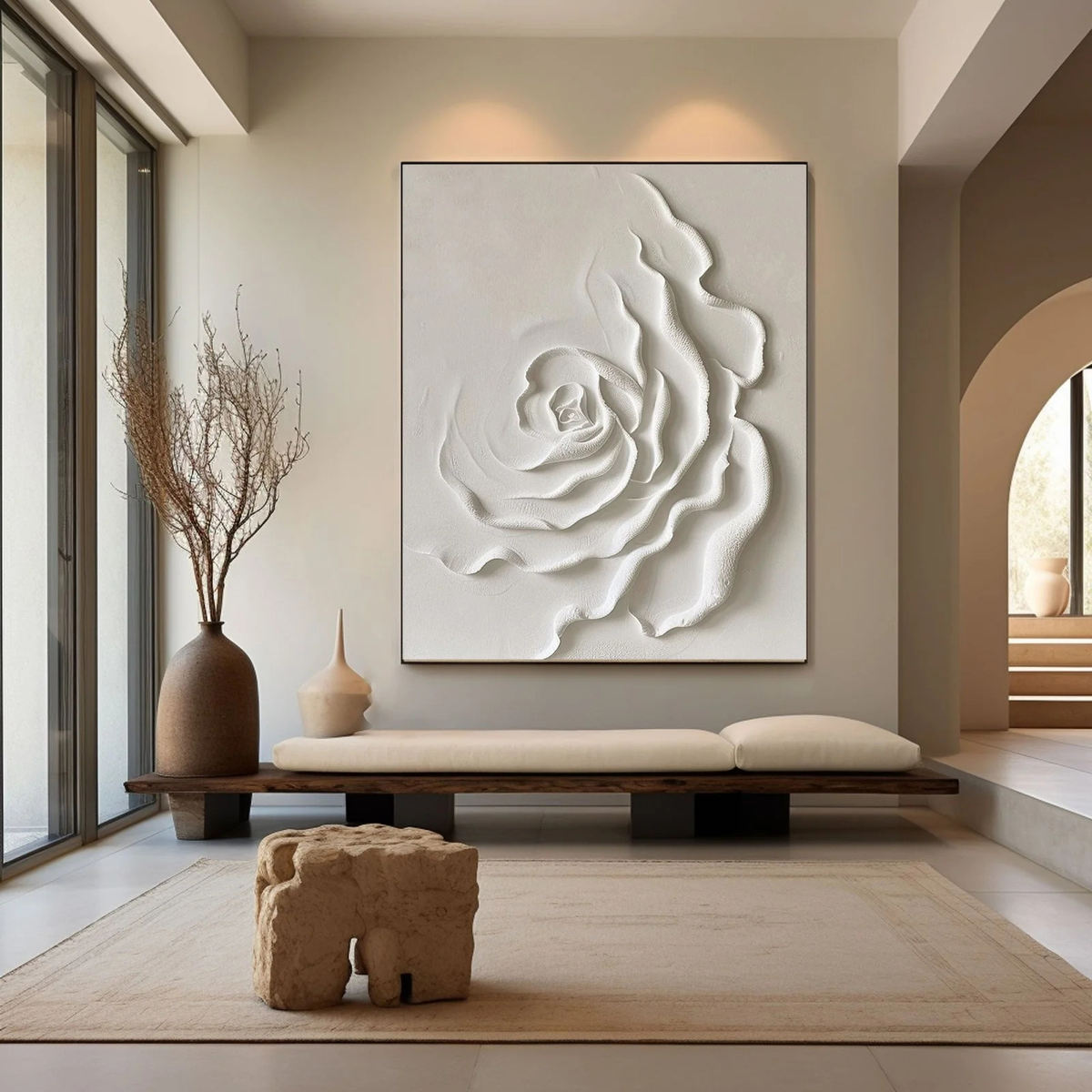 Luxury Neutral Rose Wall Art – Large Textured Floral Canvas, Handcrafted Modern Living Room & Bedroom Decor