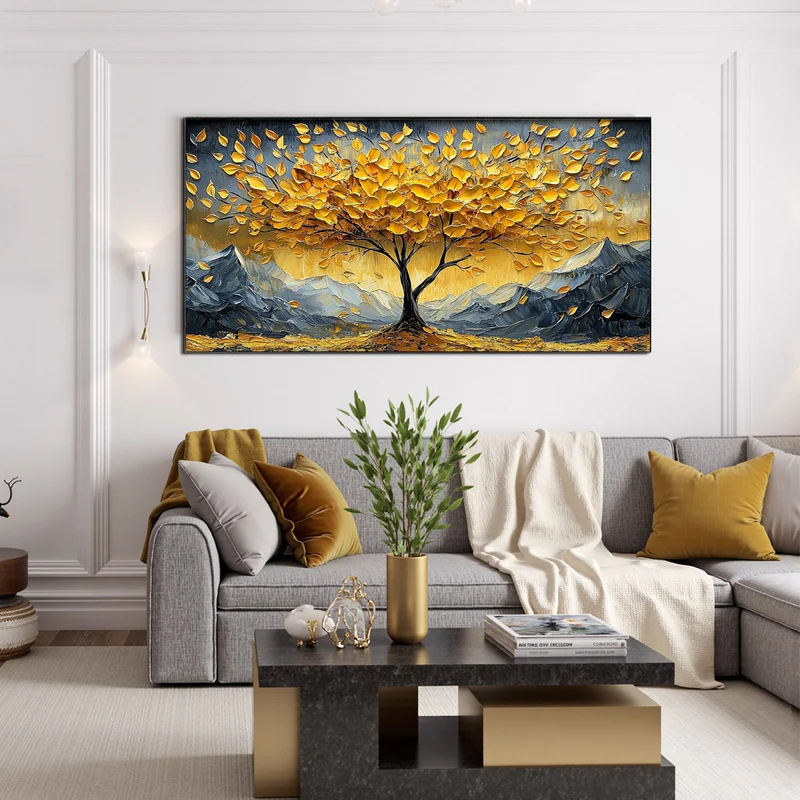 Living room with a large abstract painting of a tree on the wall, a gray sofa with decorative pillows, and a coffee table.