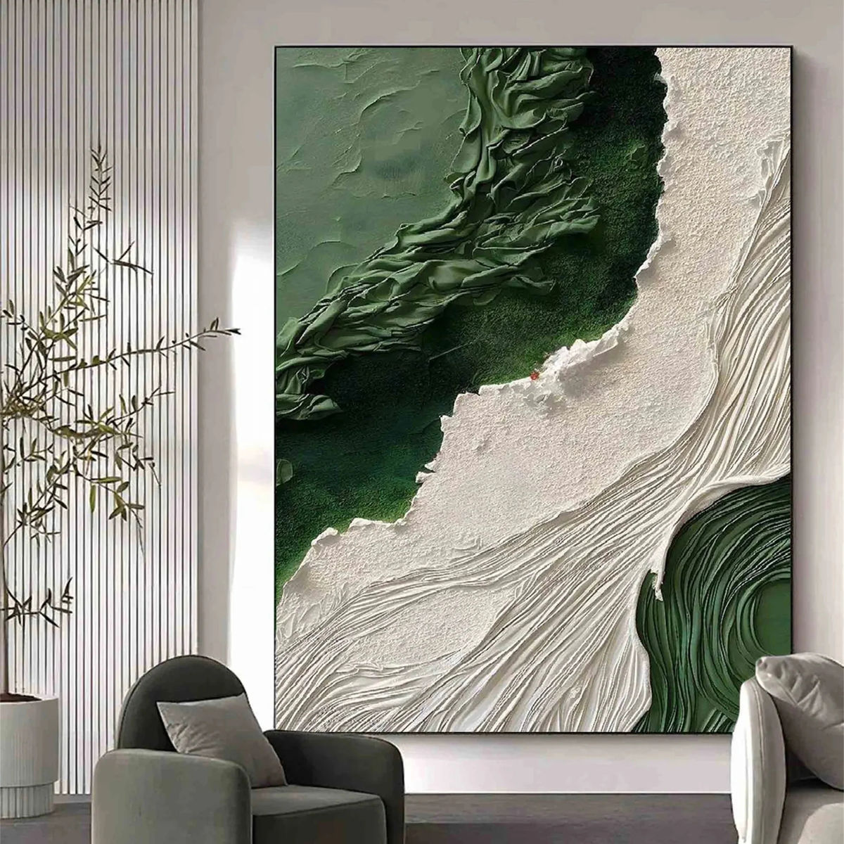 Green Textured Abstract Wall Art – Modern Luxury Canvas with Floating Frame | Large Statement Wall Decor